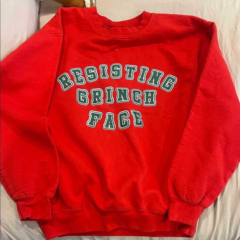 Gildan Red Crewneck Sweater with 'Resisting Grinch Face'